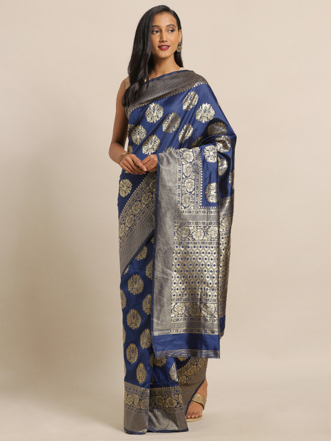 

LOOKNBOOK ART Navy Blue & Silver-Toned Silk Blend Woven Design Banarasi Saree