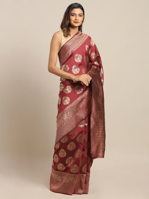 

LOOKNBOOK ART Burgundy & Gold-Coloured Silk Blend Woven Design Banarasi Saree, Maroon
