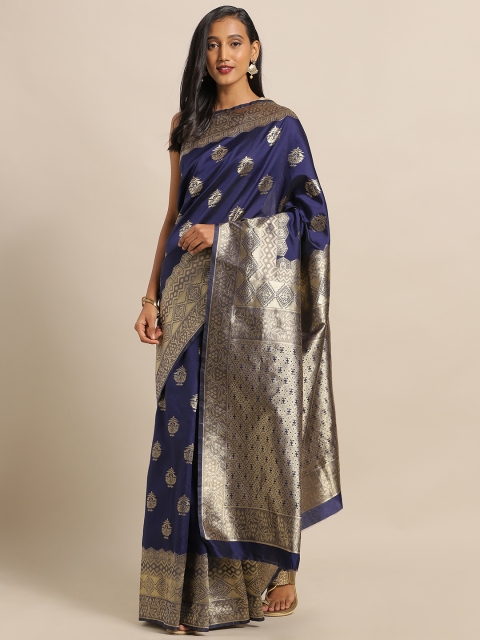 

LOOKNBOOK ART Navy Blue & Silver-Toned Silk Blend Woven Design Banarasi Saree