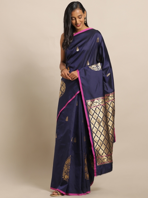 

LOOKNBOOK ART Navy Blue & Golden Silk Blend Woven Design Banarasi Saree