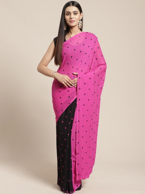 

SHAVYA Pink & Black Polka Dots Printed Half & Half Saree