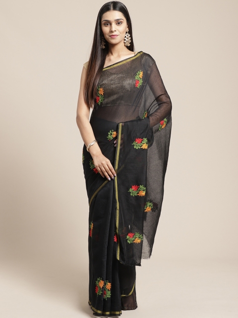 

SHAVYA Black & Red Floral Embroidered Saree