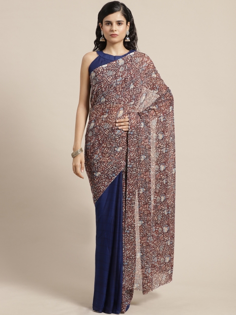 

SHAVYA Navy Blue & Brown Pure Georgette Half & Half Printed Saree