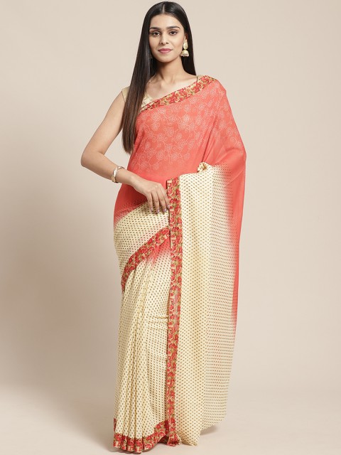 

SHAVYA Cream-Coloured & Orange Printed Saree