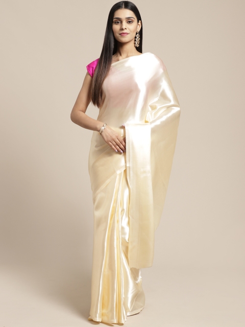 

SHAVYA Cream-Coloured Solid Satin Saree