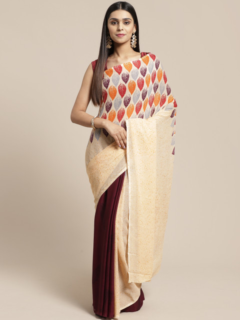 

SHAVYA Off-White & Maroon Pure Georgette Half-and-Half Printed Saree