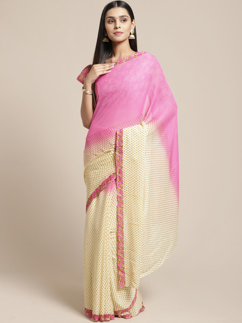 

SHAVYA Beige & Pink Pure Georgette Printed Saree