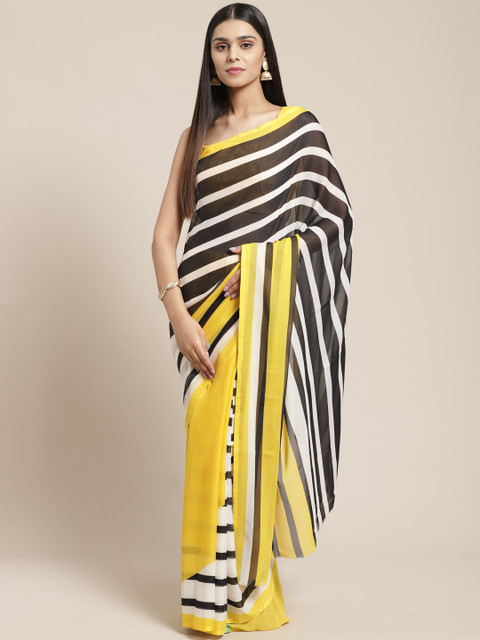 

SHAVYA Yellow & Black Pure Georgette Striped Saree
