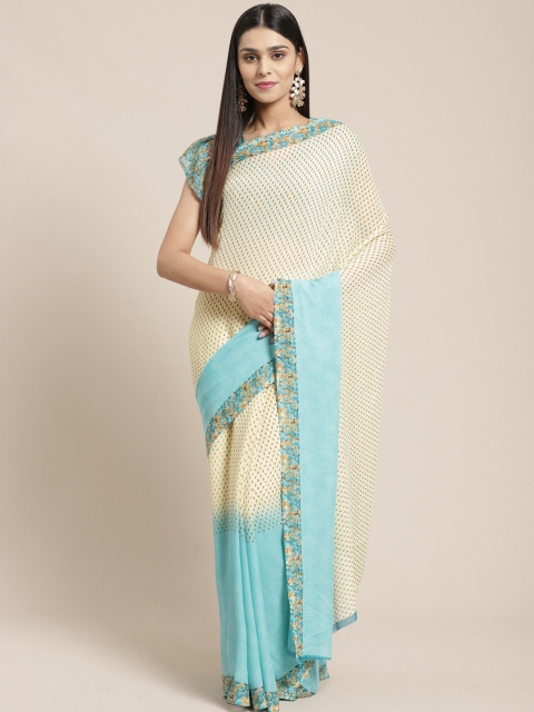 

SHAVYA Beige & Blue Pure Georgette Printed Saree