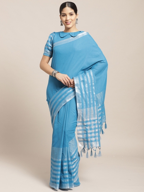 Blue & Silver Pure Cotton Solid Saree
