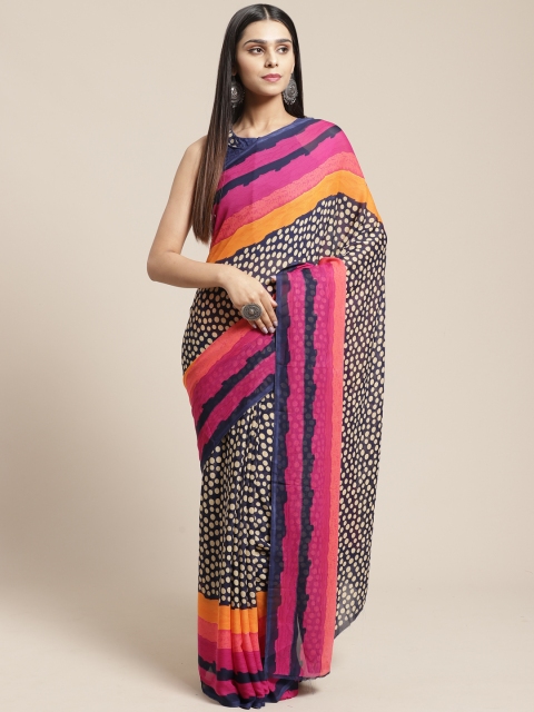 

SHAVYA Navy Blue & Pink Pure Georgette Printed Saree