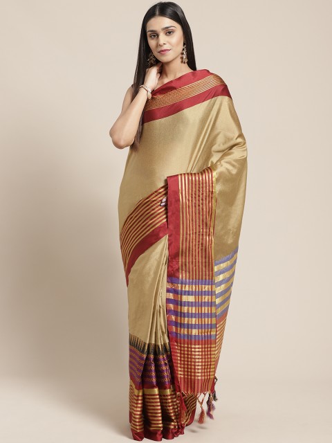 

SHAVYA Beige & Maroon Solid Saree