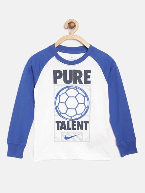 

Nike Boys White & Blue Sports Verbiage Football Print Round Neck Sports T-shirt
