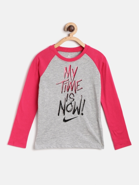 

Nike Girls Grey Melange & Pink My Time To Shine Printed Round Neck T-shirt
