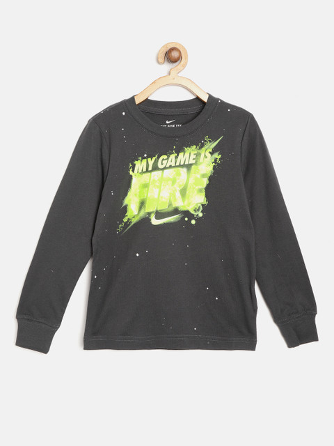 

Nike Boys Charcoal Grey Fluorescent Green My Game is Fire Print Glow in The Dark Pure Cotton T-shirt