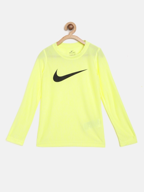 

Nike Boys Yellow & Black Dri-FIT LS Brand Logo Print Dri-FIT Round Neck Sports T-shirt