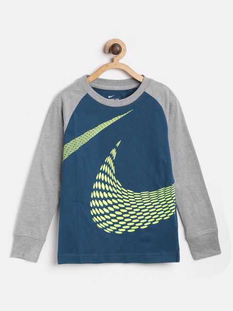 

Nike Boys Teal Blue & Grey Melange Gradient Stripe Swoosh Printed Round Neck T-shirt