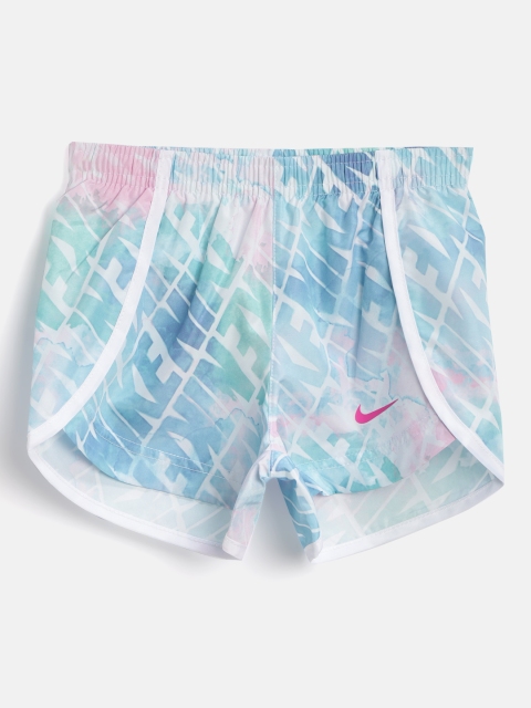

Nike Girls Blue & Green Brand Logo Print AOP SPRNTR Shorts