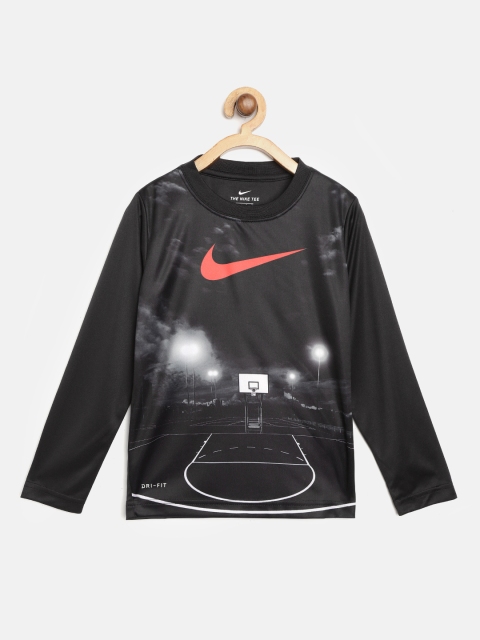 

Nike Boys Black Friday Night Light Dri-FIT LS Printed Round Neck Sports T-shirt