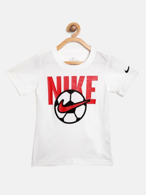 

Nike Boys White & Red Soccer Ball Brand Logo Print Round Neck Sports T-shirt