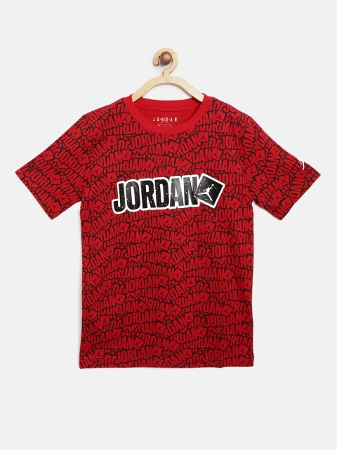 

Jordan Boys Red Black Sticker 1 Brand Logo Print Round Neck Basketball Pure Cotton T-shirt
