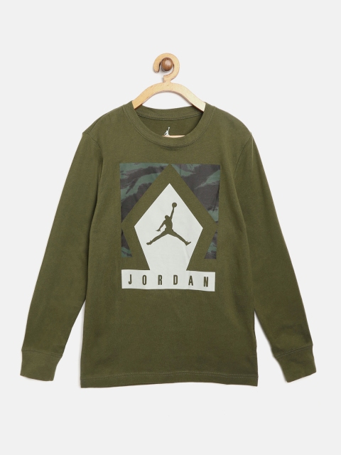 

Jordan Boys Olive Green Diamond Jumpman 2 Brand Logo Print Round Neck Basketball T-shirt