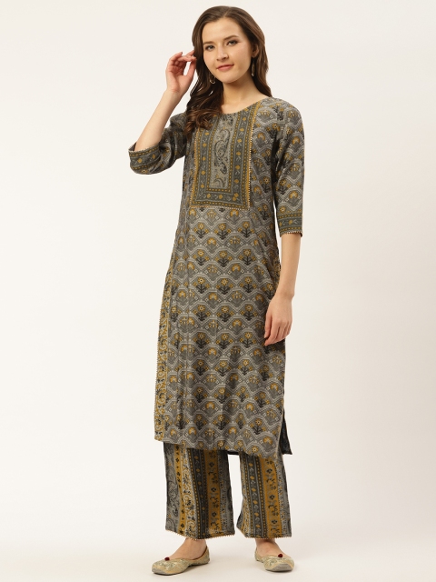 

Laabha Women Charcoal Grey & Mustard Yellow Printed Kurta with Palazzos