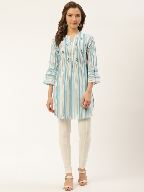 

Laabha Women White & Blue Striped A-Line Kurta