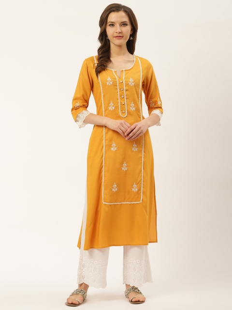 

Laabha Women Mustard Yellow & White Embroidered Straight Kurta
