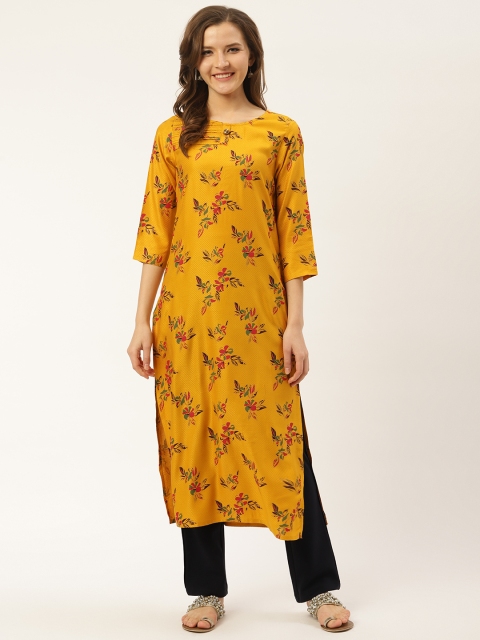 

Laabha Women Mustard Yellow & Red Floral Print Straight Kurta