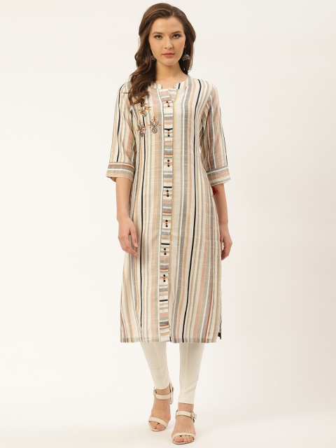 

Laabha Women White & Beige Striped Straight Kurta