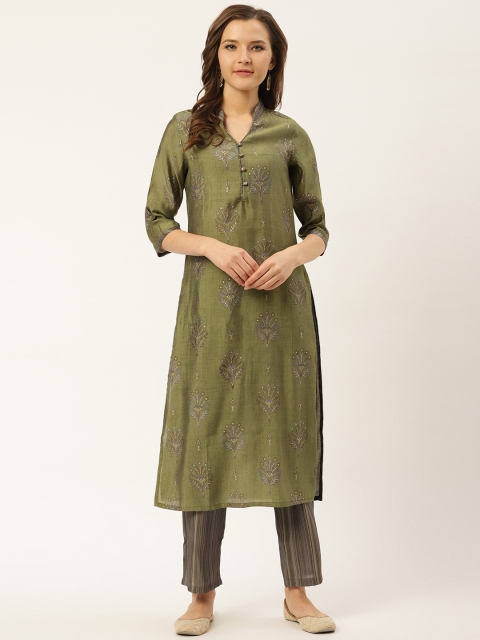 

Laabha Women Olive Green & Grey Printed Kurta with Trousers