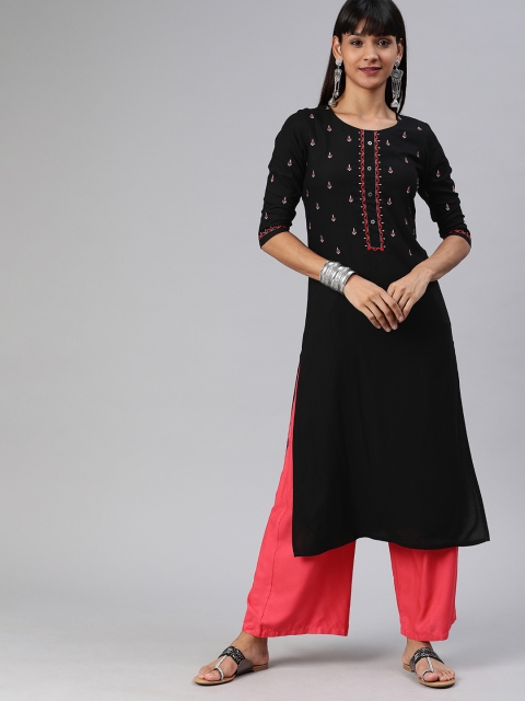 

ETIQUETTE Women Black Embroidered Straight Kurta