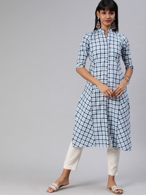 

ETIQUETTE Women Blue Checked A-Line Panelled Kurta
