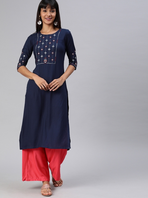 

ETIQUETTE Women Navy Blue Embroidered Straight Kurta
