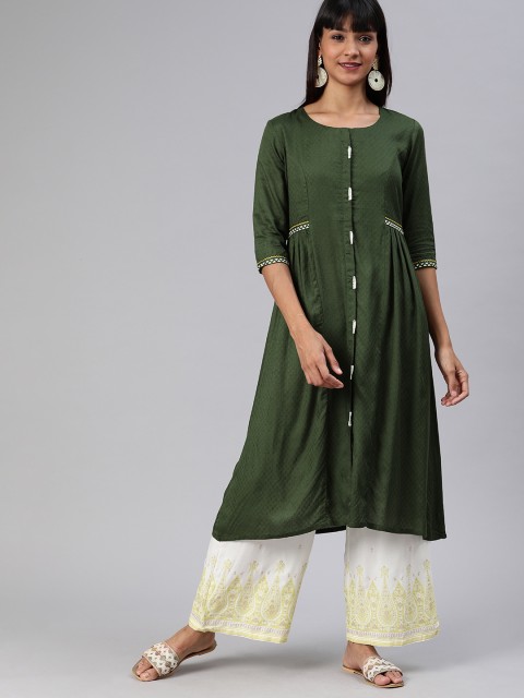 

ETIQUETTE Women Green Woven Design A-Line Kurta with Gathers