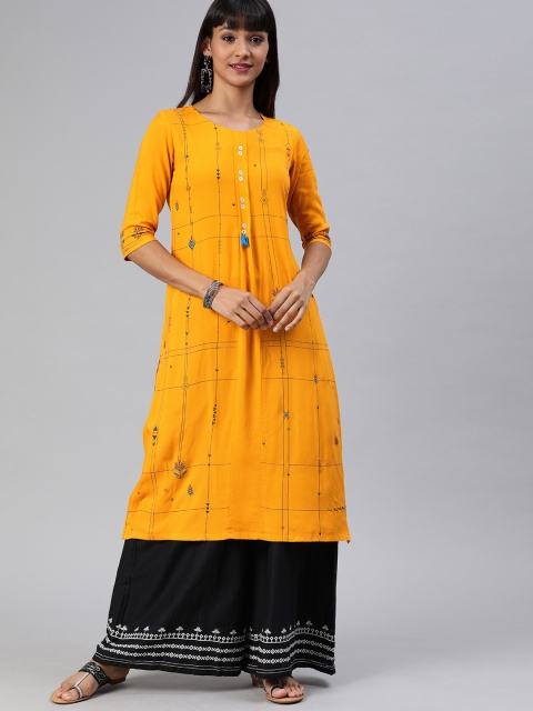 

ETIQUETTE Women Yellow & Black Printed Straight Kurta