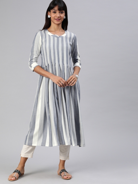 

ETIQUETTE Women Blue & Grey Striped Pleated A-Line Kurta