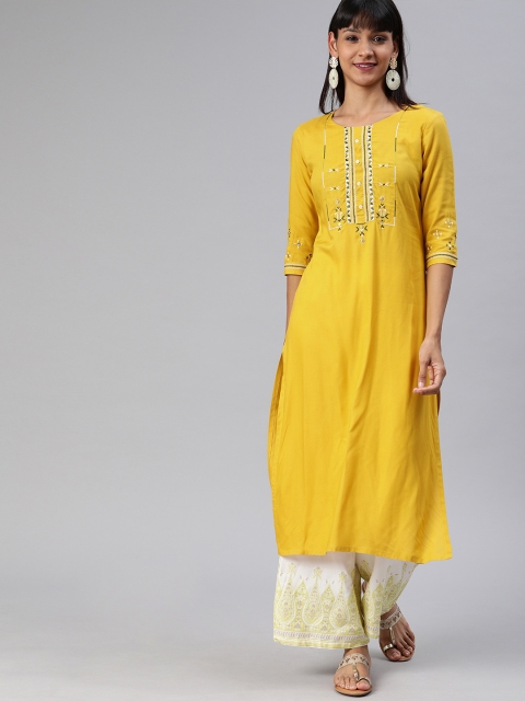 

ETIQUETTE Women Yellow Solid Straight Kurta with Embroidered Detailing