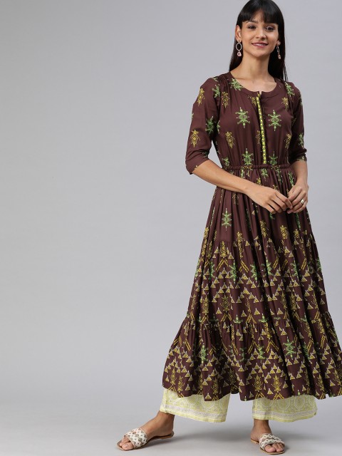 

ETIQUETTE Women Brown & Yellow Printed Tiered A-Line Kurta with Gathers