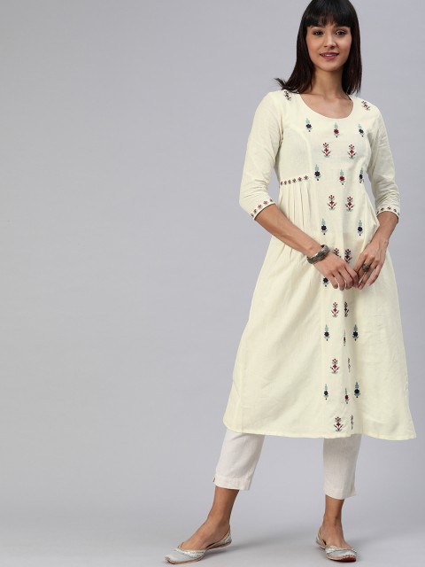

ETIQUETTE Women Off-White & Maroon Embroidered A-Line Kurta with Pleats
