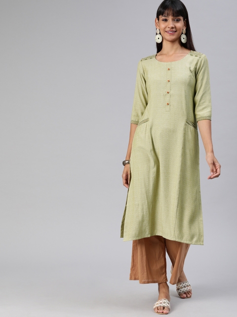 

ETIQUETTE Women Olive Green Back Printed Straight Kurta with Pocket