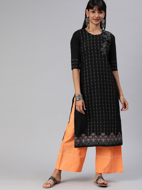 

ETIQUETTE Women Black & White Floral Printed Straight Kurta