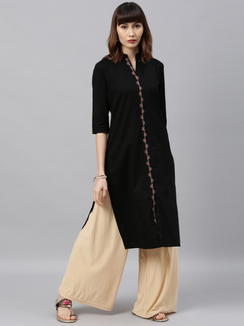

ETIQUETTE Women Black Solid Straight Kurta With Embroidered Detailing