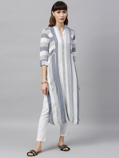 

ETIQUETTE Women Grey & White Striped A-Line Panelled Kurta