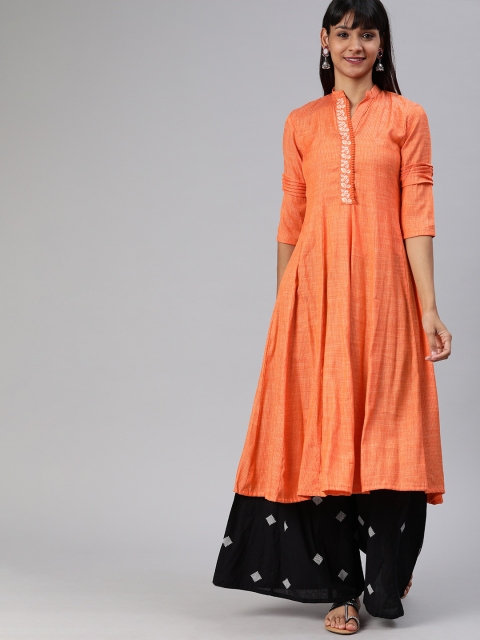 

ETIQUETTE Women Orange Woven Design A-Line Kurta with Embroidery