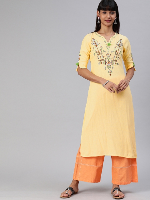

ETIQUETTE Women Yellow Floral Embroidered Straight Kurta