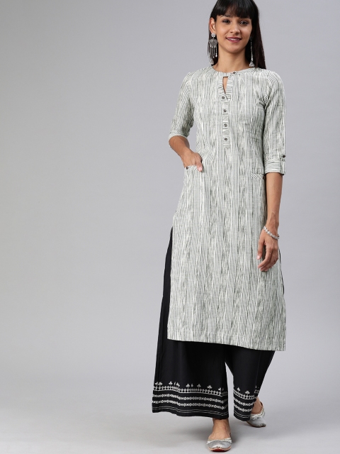 

ETIQUETTE Women Off-White & Grey Striped Straight Kurta with Pockets
