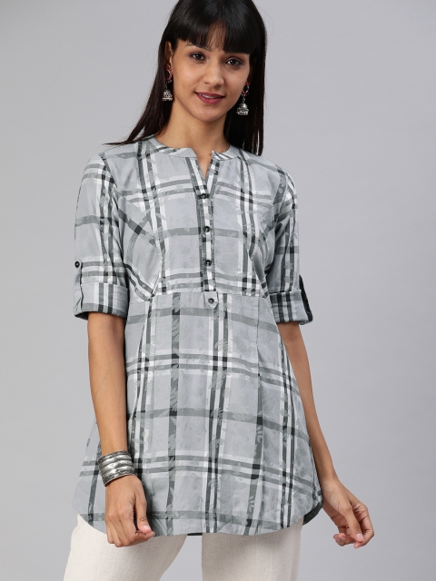 

ETIQUETTE Women Grey & White Checked Pure Cotton A-Line Panelled Kurti