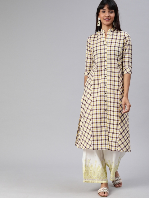 

ETIQUETTE Women White & Brown Checked A-Line Panelled Kurta